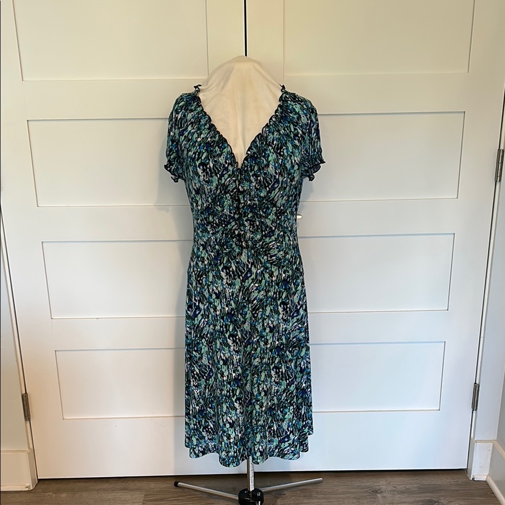 Connected Apparel Green and BlueRuffled Knit Dress